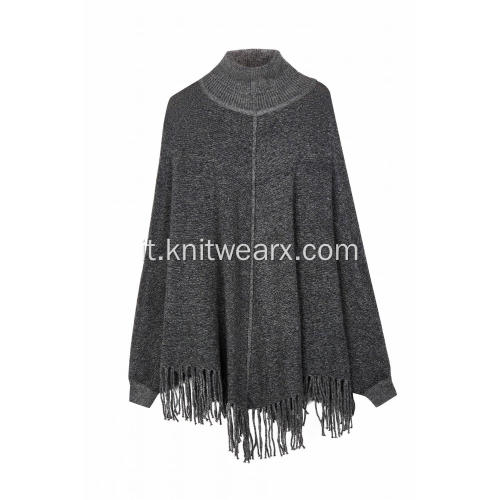 Mantella poncho con nappe a collo alto estensibile lavorato a maglia da donna